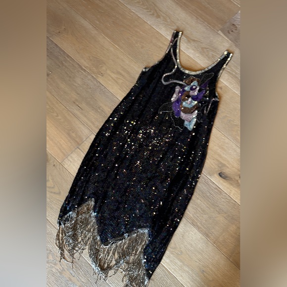 Vintage Gatsby Fringed Roaring 20s Sequin Dress | BLACK | Lillie Rubin | L | EVC - Picture 9 of 13